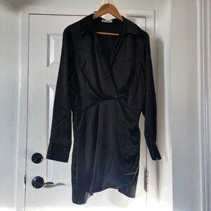 Zara Satin Collared Cocktail Mini Long Sleeve Dress sz Large